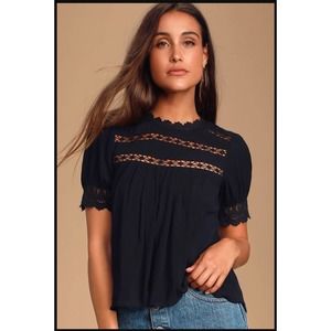 Lulus Black Crochet Lace Short Sleeve Top